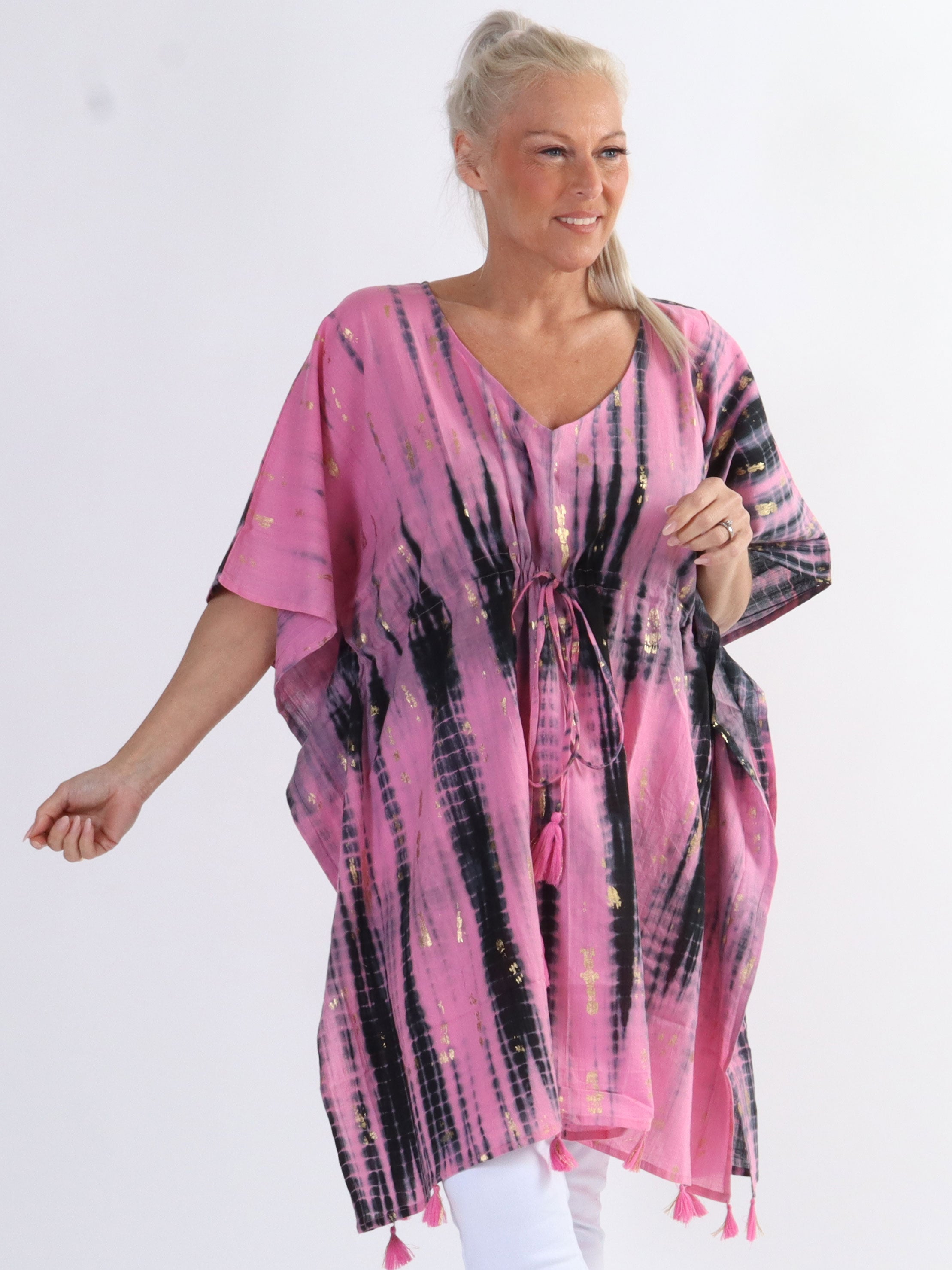 Tulle - Let plus size tunika med guld strøg og bindebånd